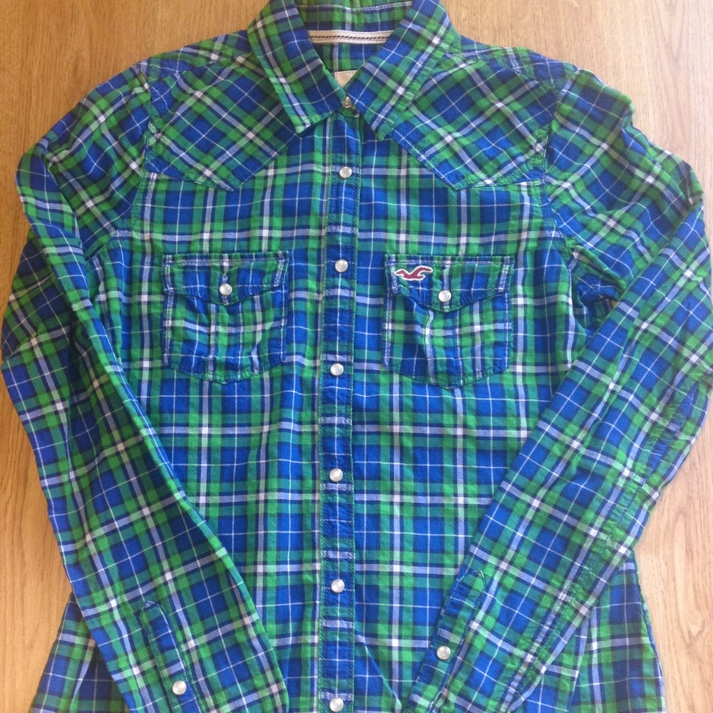 (3/$10) hollister blue and green plaid shirt